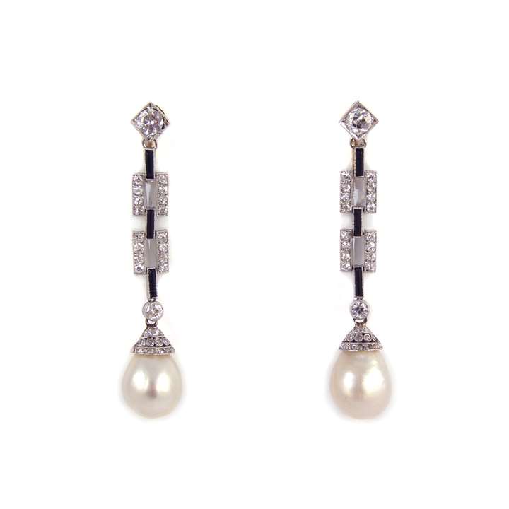 Pair of Art Deco drop pearl, diamond and onyx pendant earrings